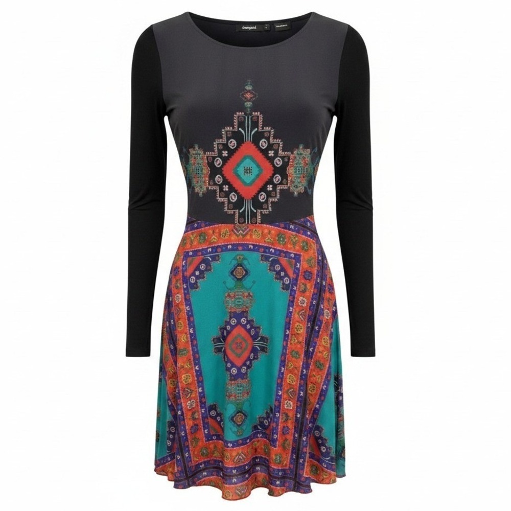 Desigual Mini Dress‎ Women M Medium Black Multi Geometric Long Sleeve Boho Art